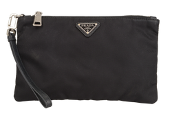Prada Logo Plaque Pouch With Wristlet, Nylon, Black, 236, 3*